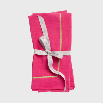 Gold trim linen dinner napkins, bright pink, set of two
