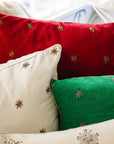 Embroidered star pillow, red cotton velvet