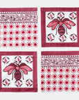 Bee block print cocktail napkins/ coasters, red