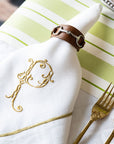 Gold trim linen dinner napkins, white, set of two
