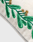 Embroidered border mistletoe pillow, cream cotton velvet