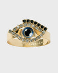 A skinny band napkin ring featuring a crystal-embellished eye design in gold color.