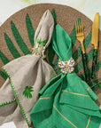 Palm tree embroidered dinner napkins, flax, set of two