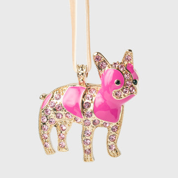Vanderpump Dogs x JB pink pug hanging ornament look