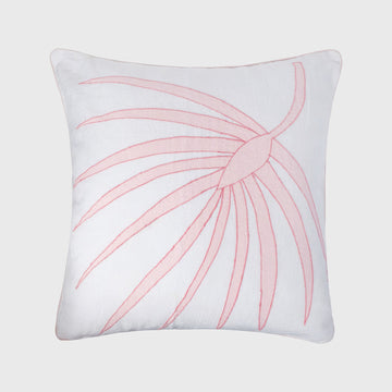 Palm frond pillow, white linen with pale pink