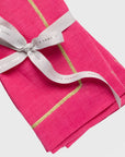 Gold trim linen dinner napkins, bright pink, set of two