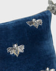 Embroidered pretty bug pillow, slate blue cotton velvet