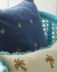 Embroidered star pillow, navy cotton velvet