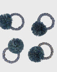 Straw pompom napkin rings, indigo, set of four