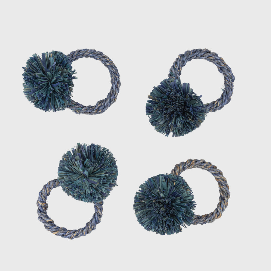 Straw pompom napkin rings, indigo, set of four
