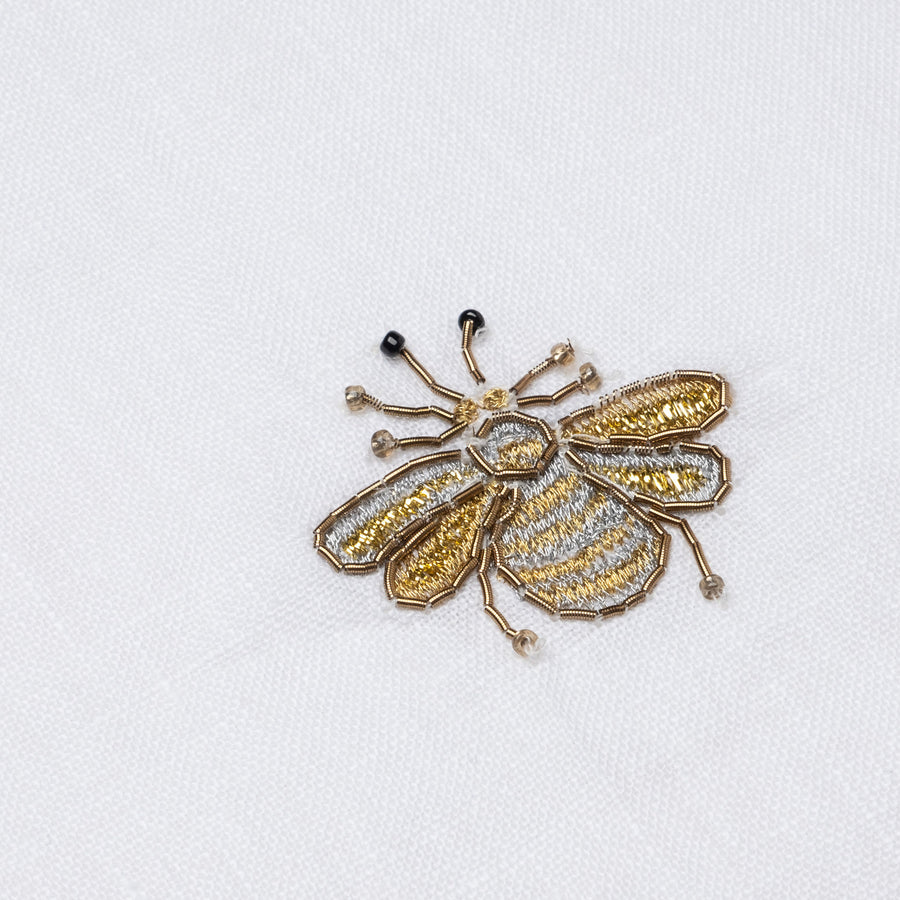 Embroidered golden bee tablecloth, white