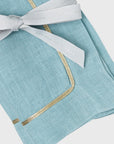 Gold trim dinner napkins, duck egg blue, set of two