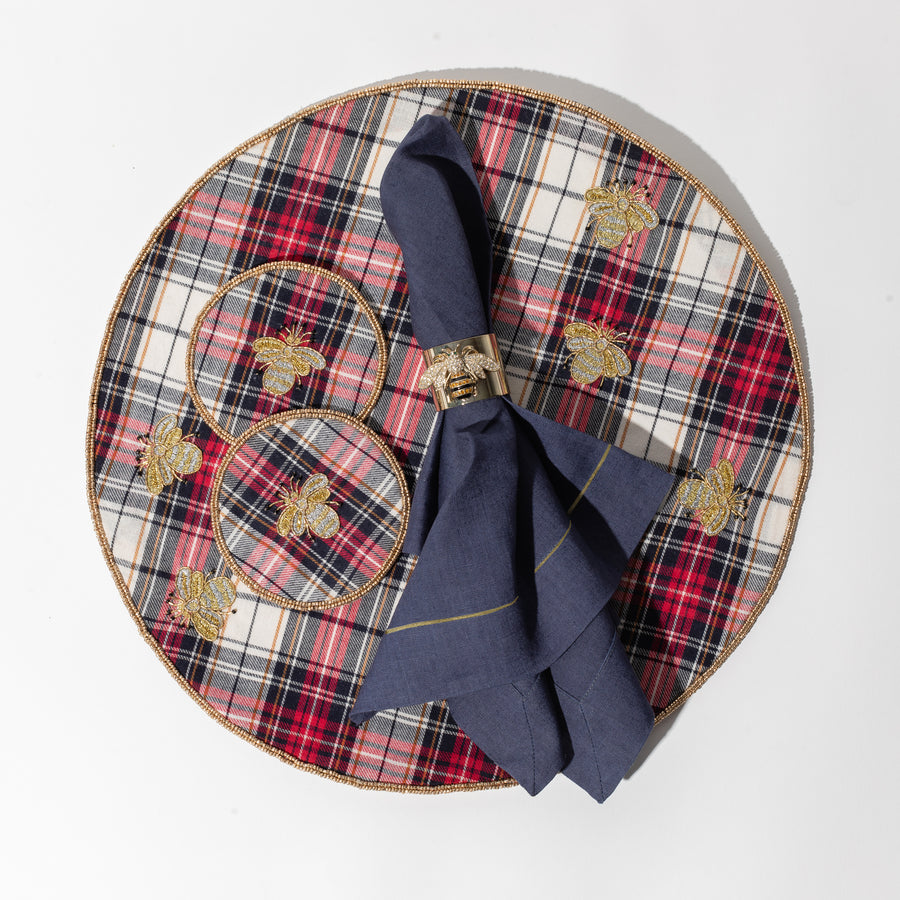Embroidered bee plaid coasters