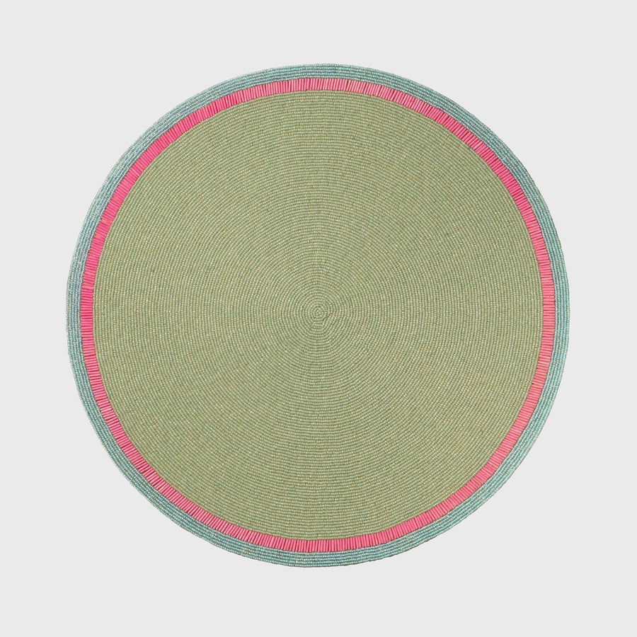 Bright stripe hand beaded placemat, seafoam with pink
