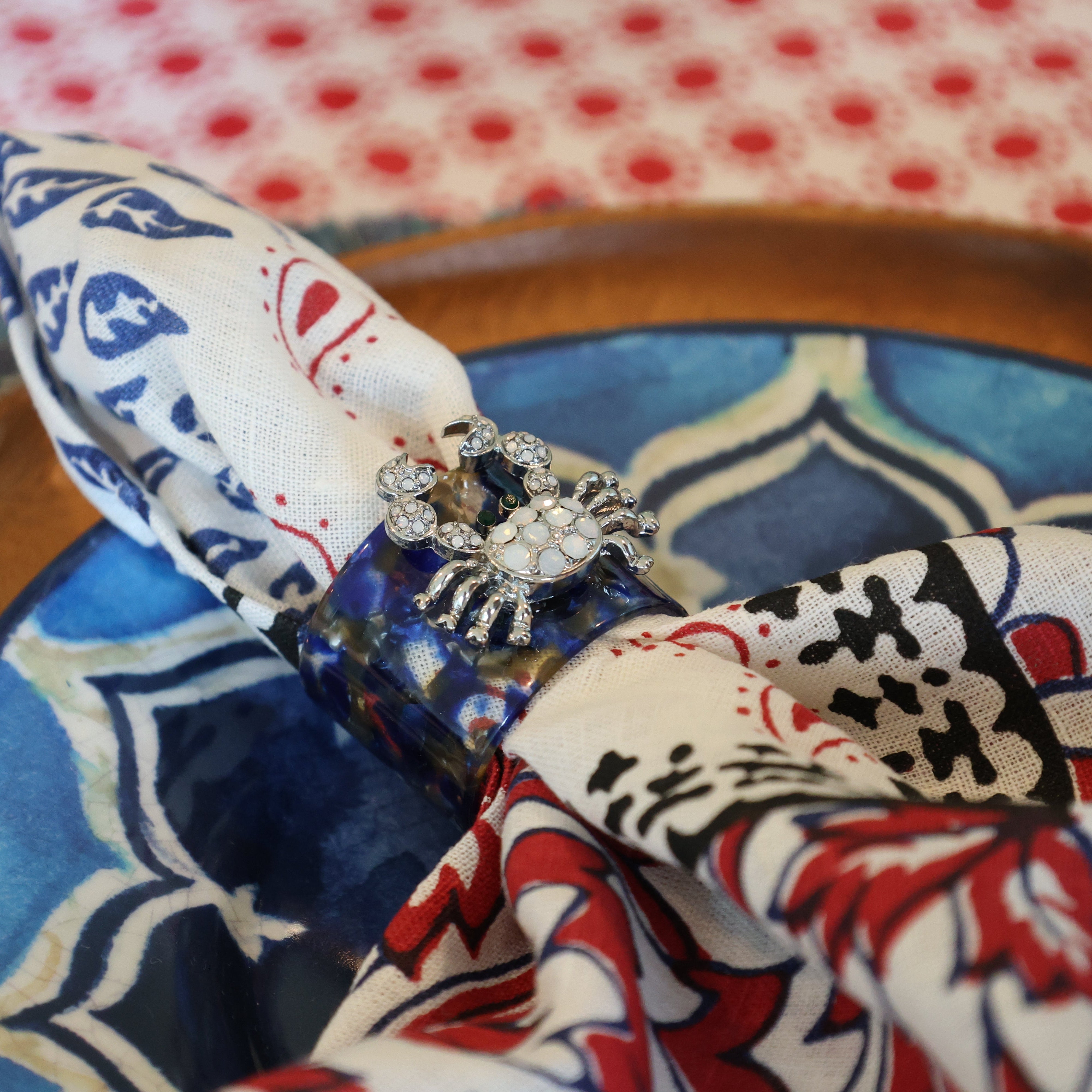 Crab blue tortoiseshell resin napkin rings, set of four