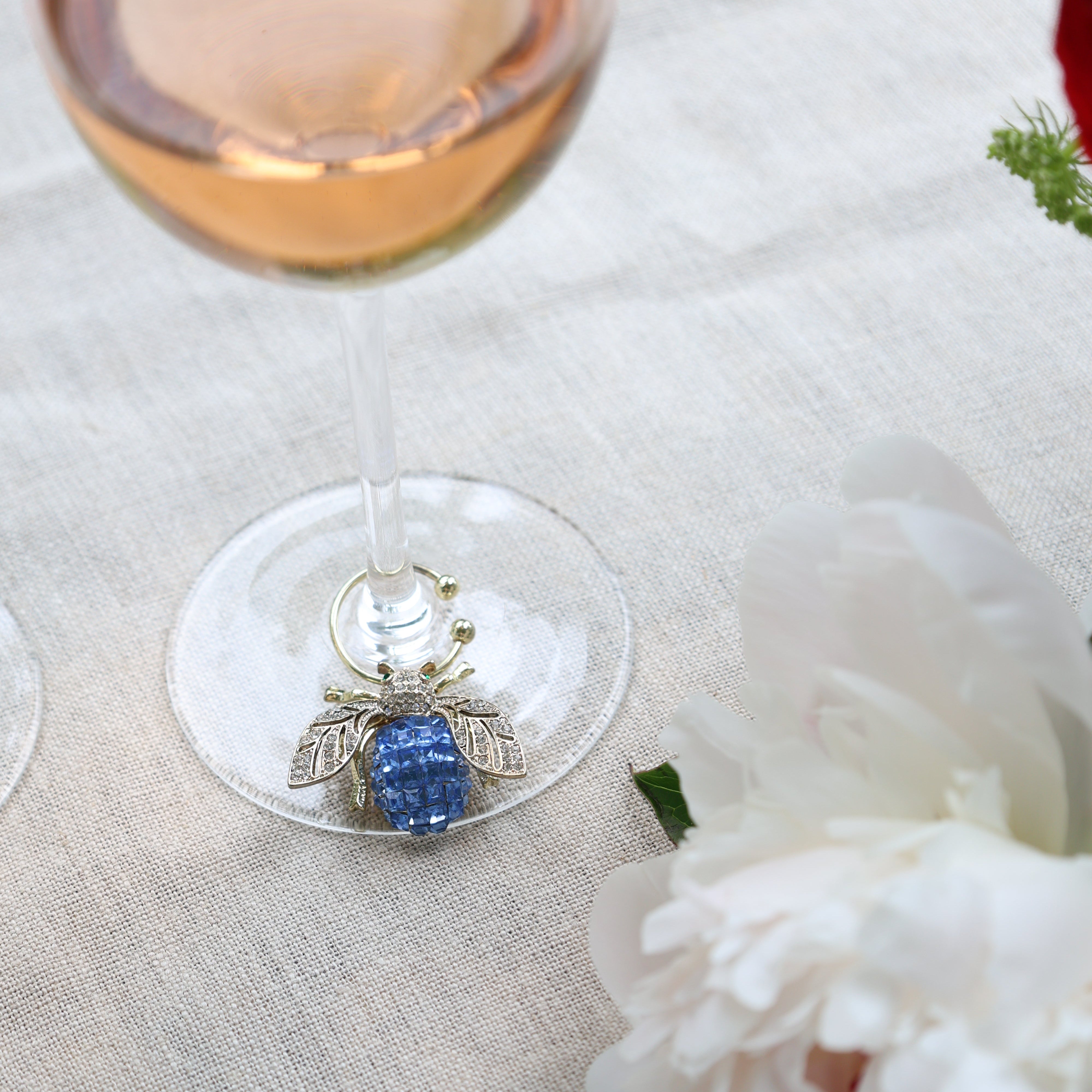 Bedazzled bee wine charms, dark jewel tones