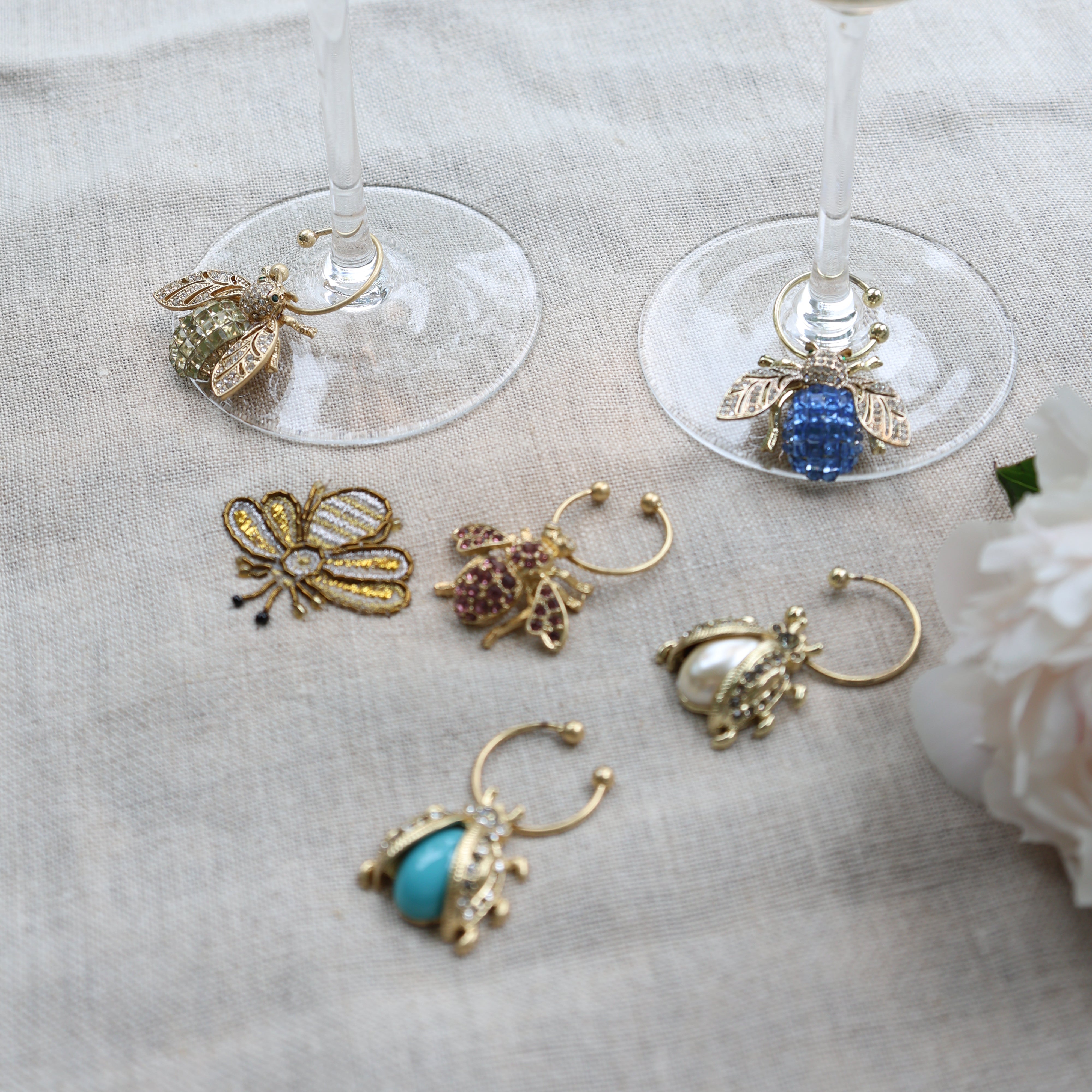 Bedazzled bee wine charms