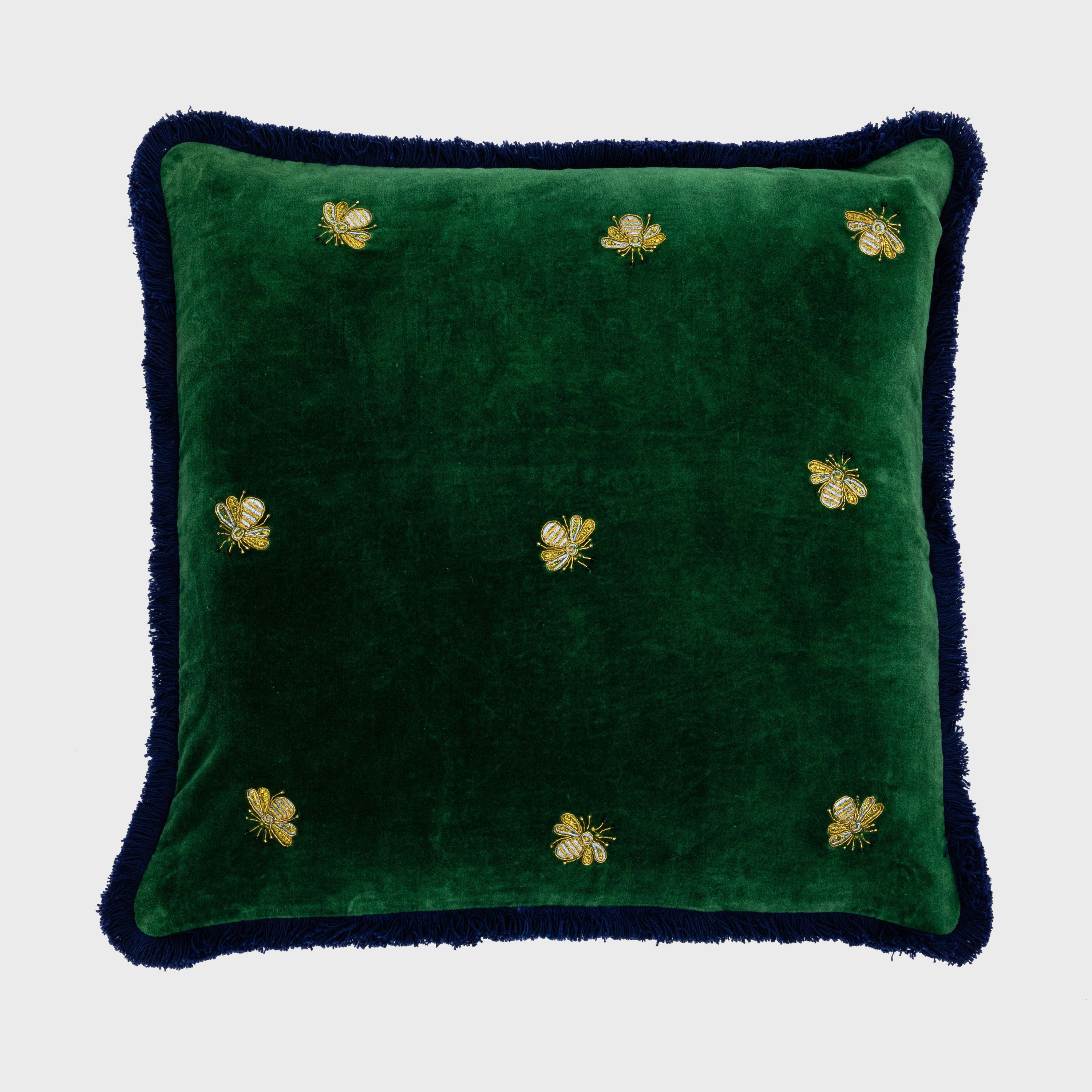 Embroidered bee fringe pillow, hunter green cotton velvet