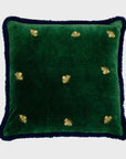 Embroidered bee fringe pillow, hunter green cotton velvet