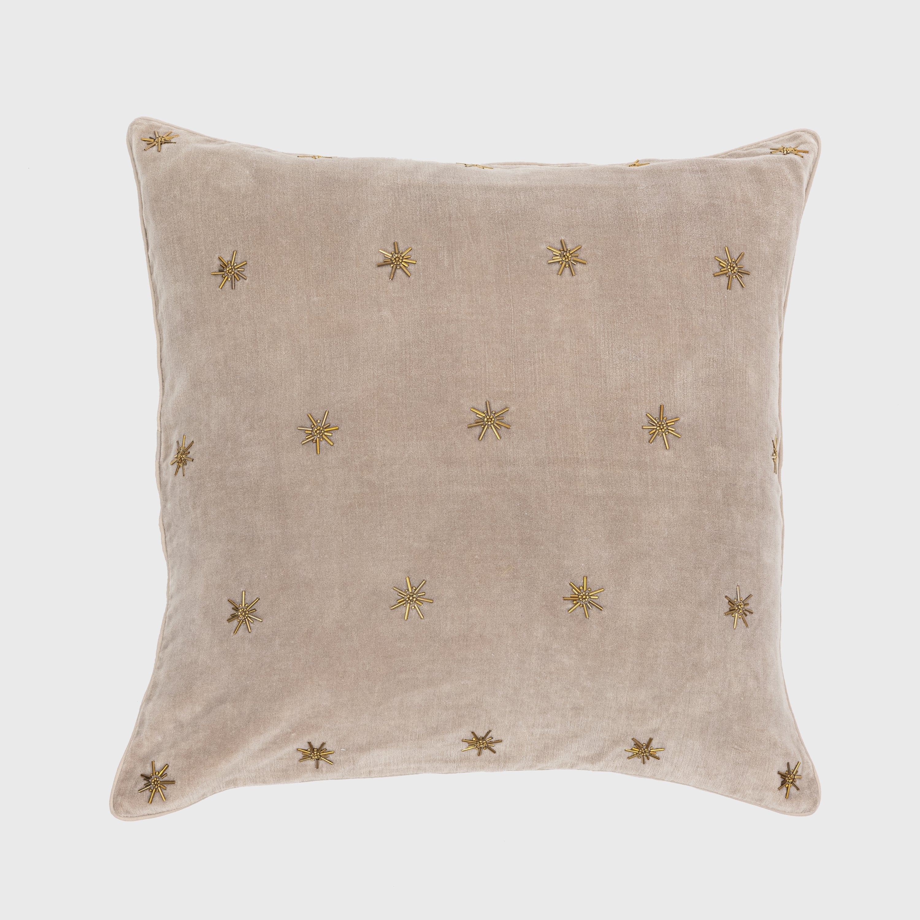 Embroidered star pillow, taupe cotton velvet