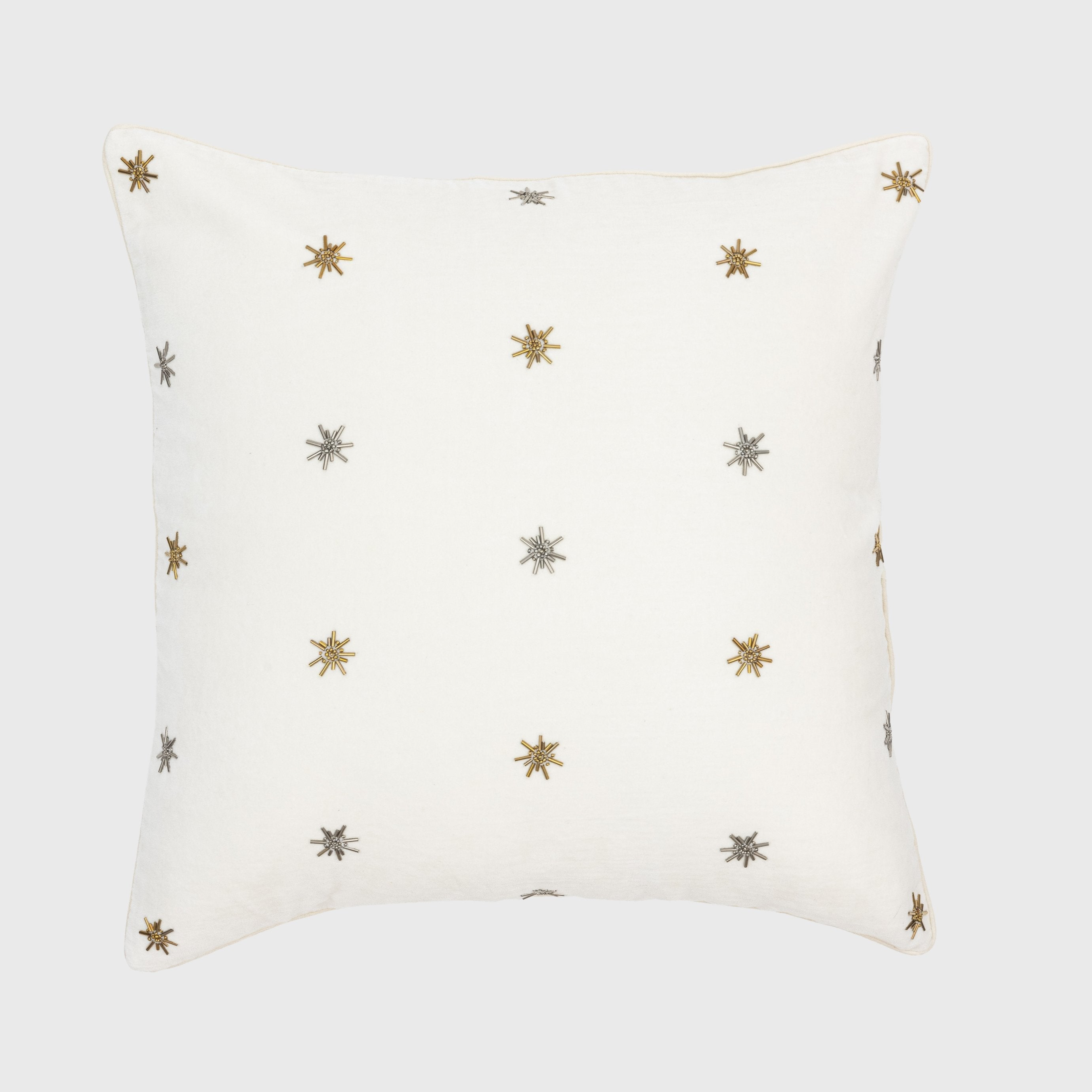 Embroidered star pillow, cream cotton velvet