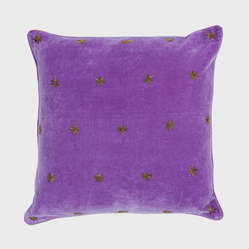Embroidered star pillow, amethyst cotton velvet