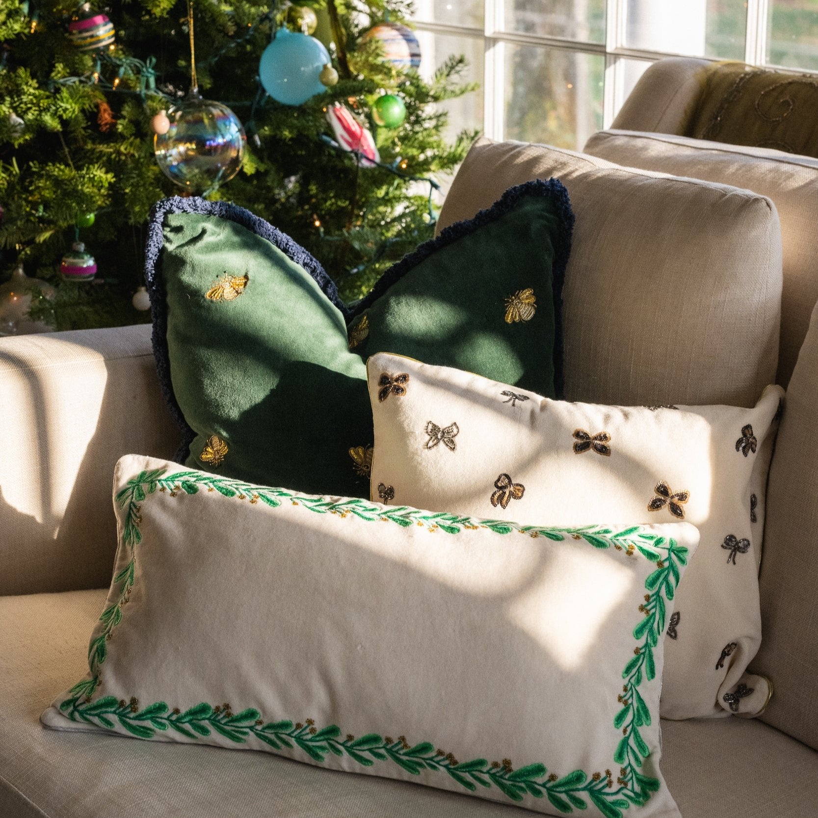 Embroidered bee fringe pillow, hunter green cotton velvet