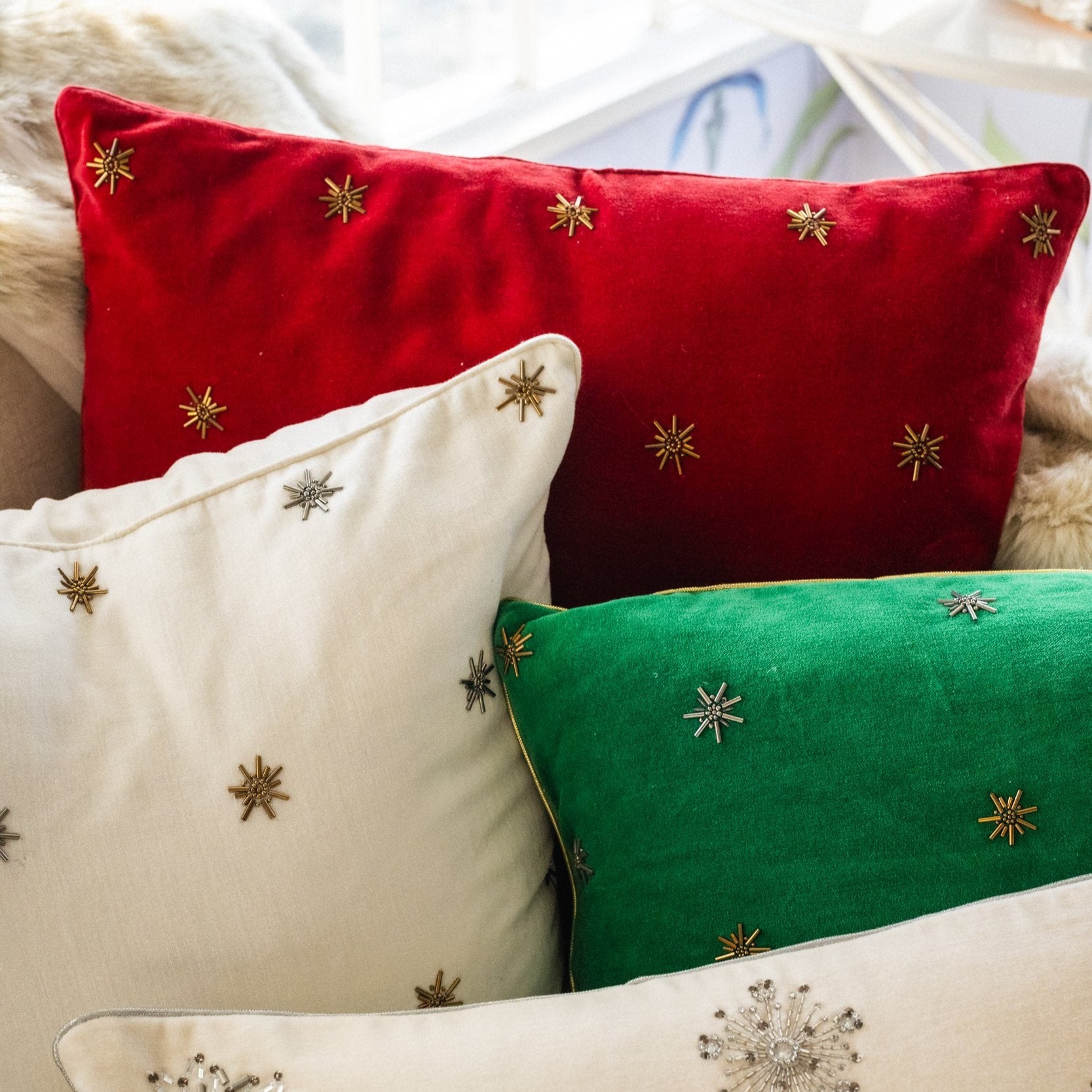 Embroidered star pillow, emerald green cotton velvet