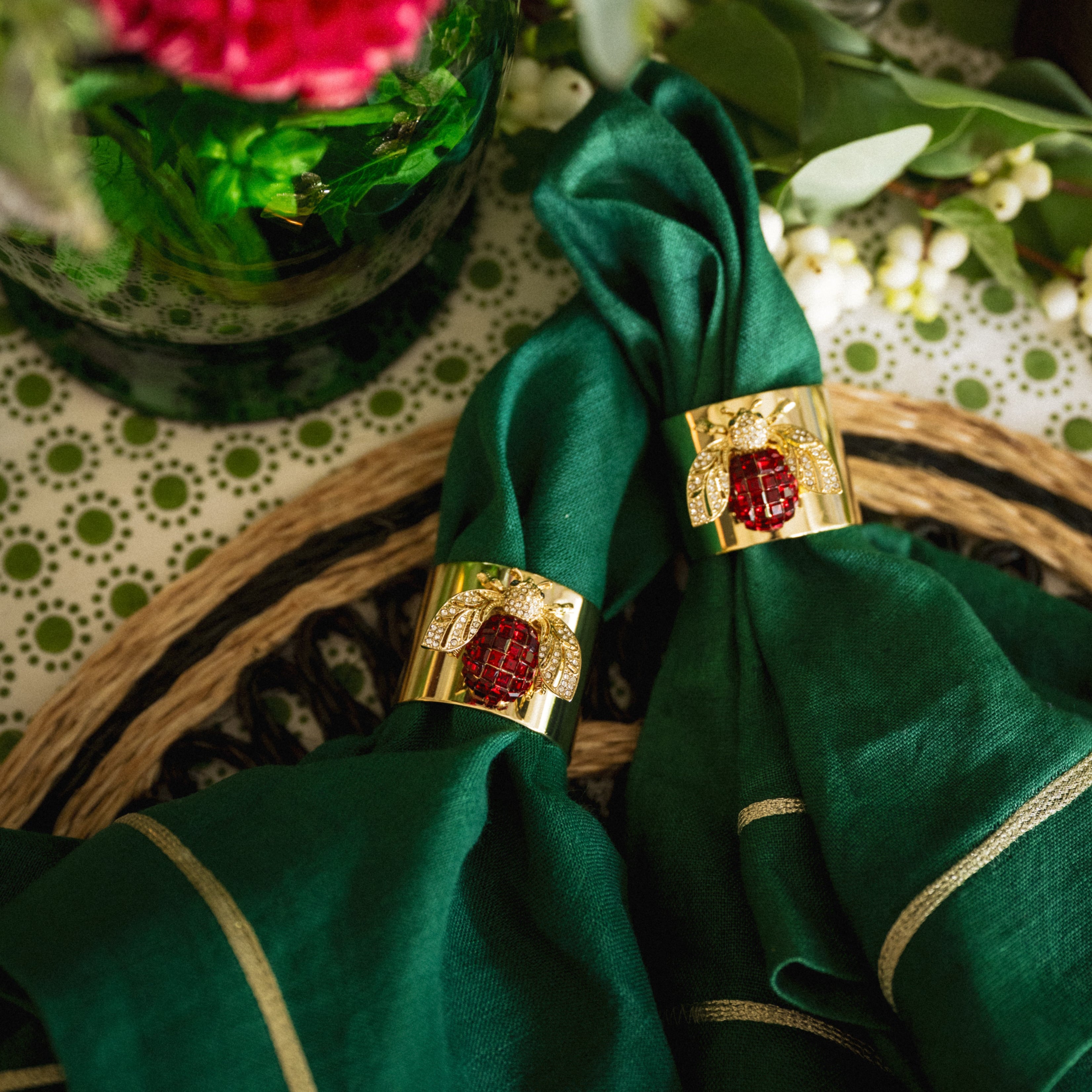 Sparkle bee napkin rings, ruby, set of two