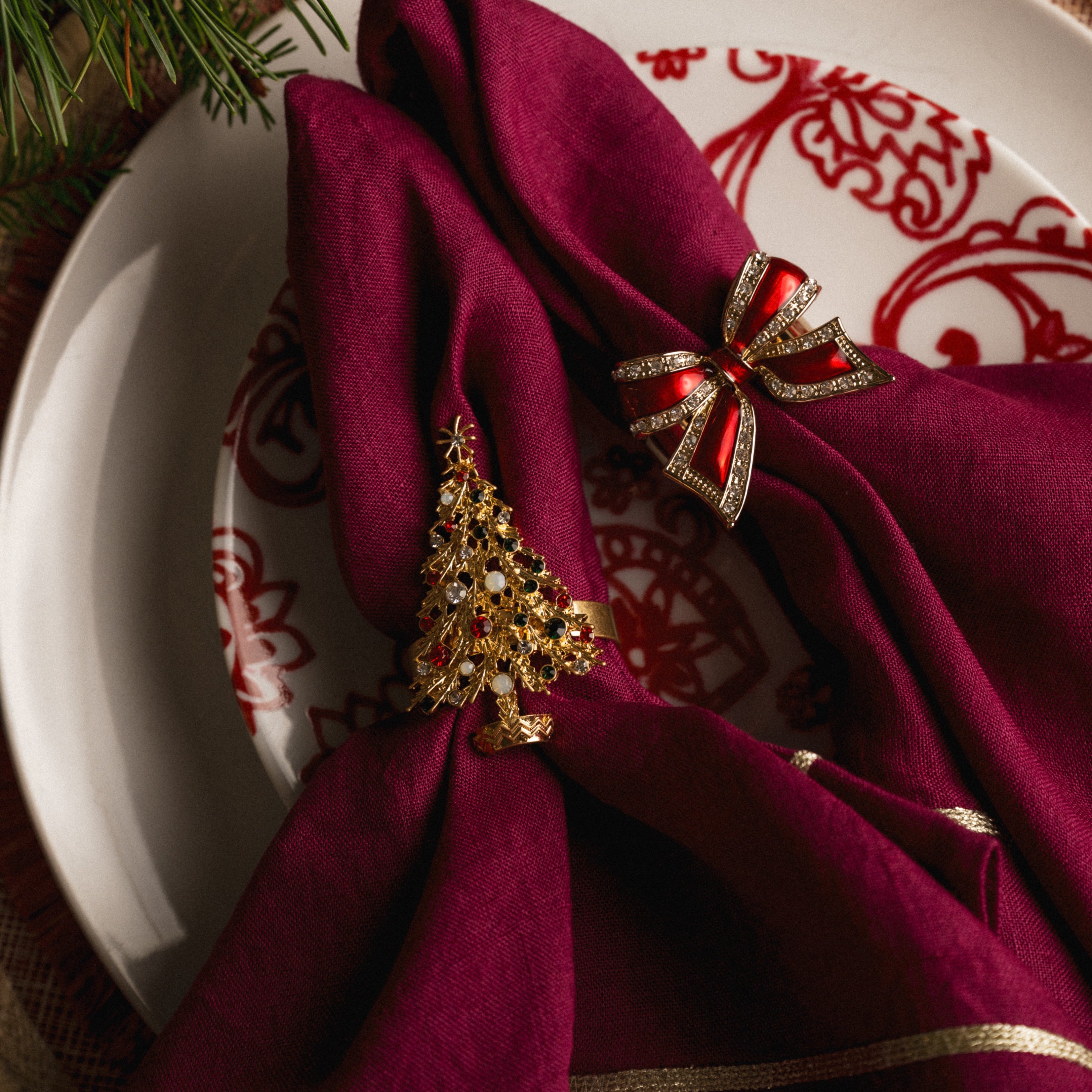 Gold trim dinner napkins, damson, set of two