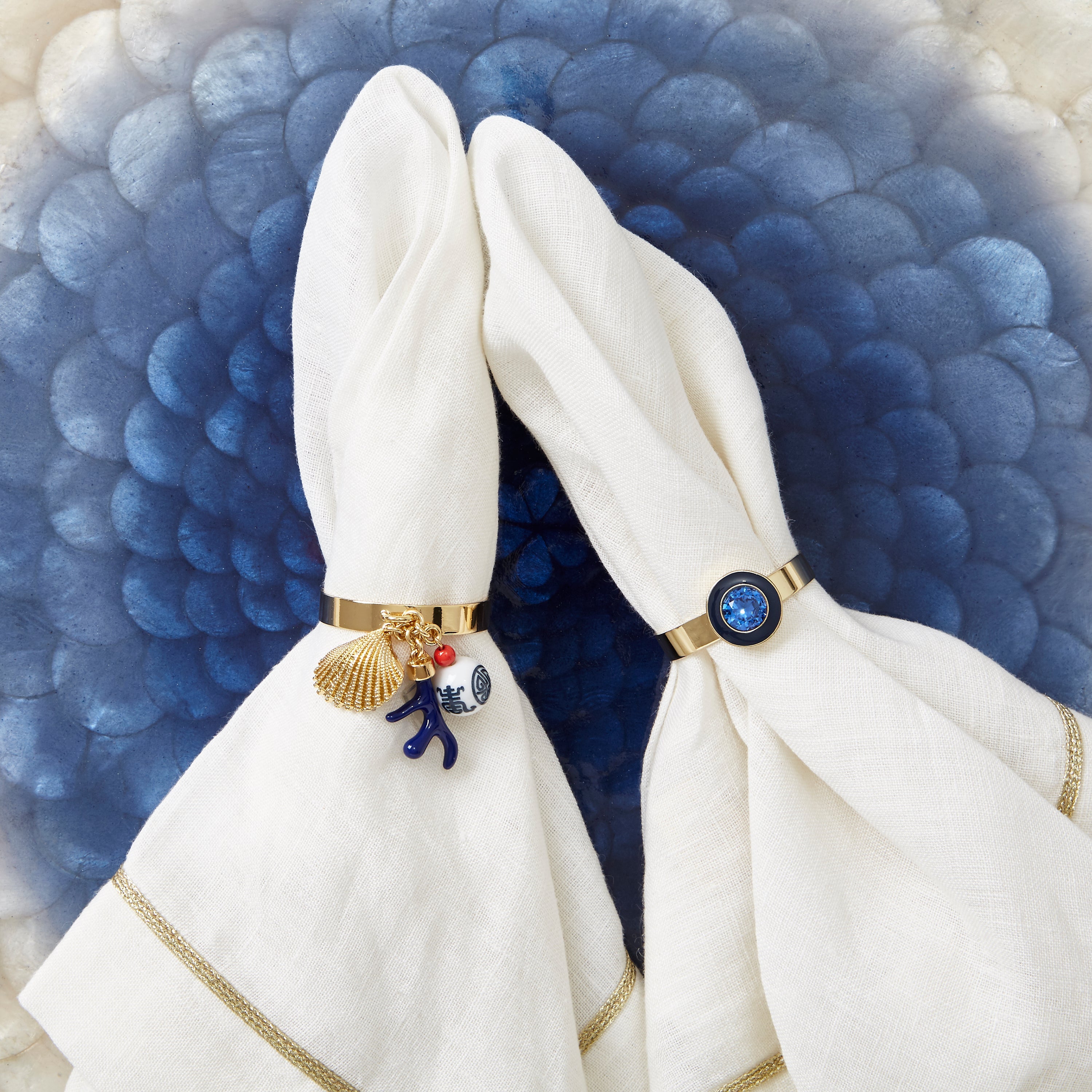 Gold trim linen dinner napkins, white, set of two