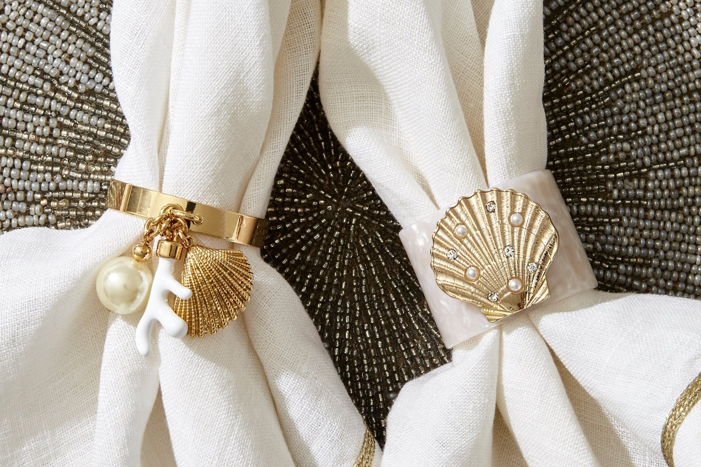 Gold trim linen dinner napkins, white, set of two