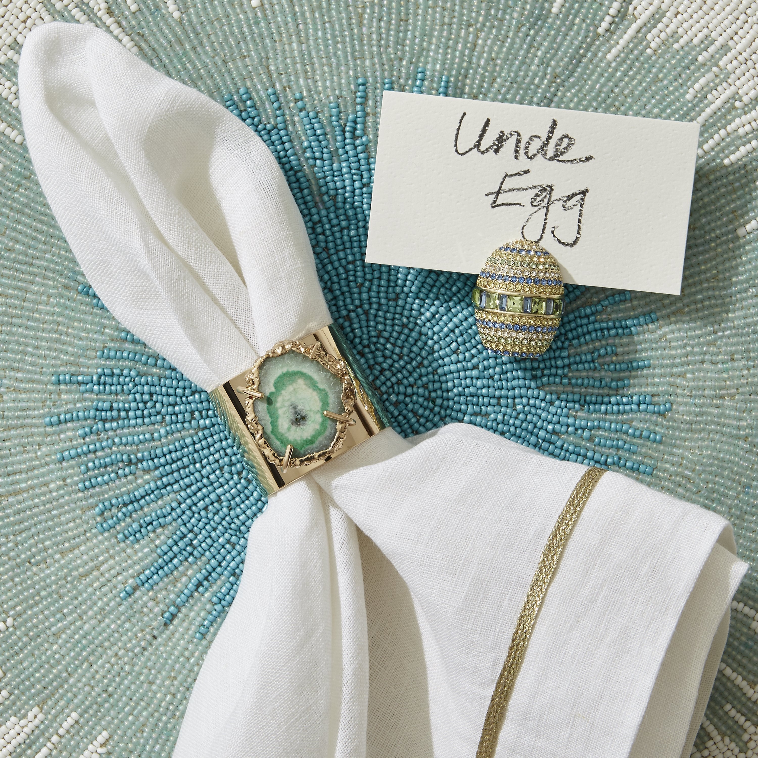 Ombre hand beaded placemat, turquoise