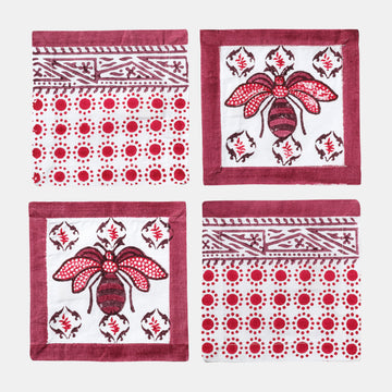 Bee block print cocktail napkins, red