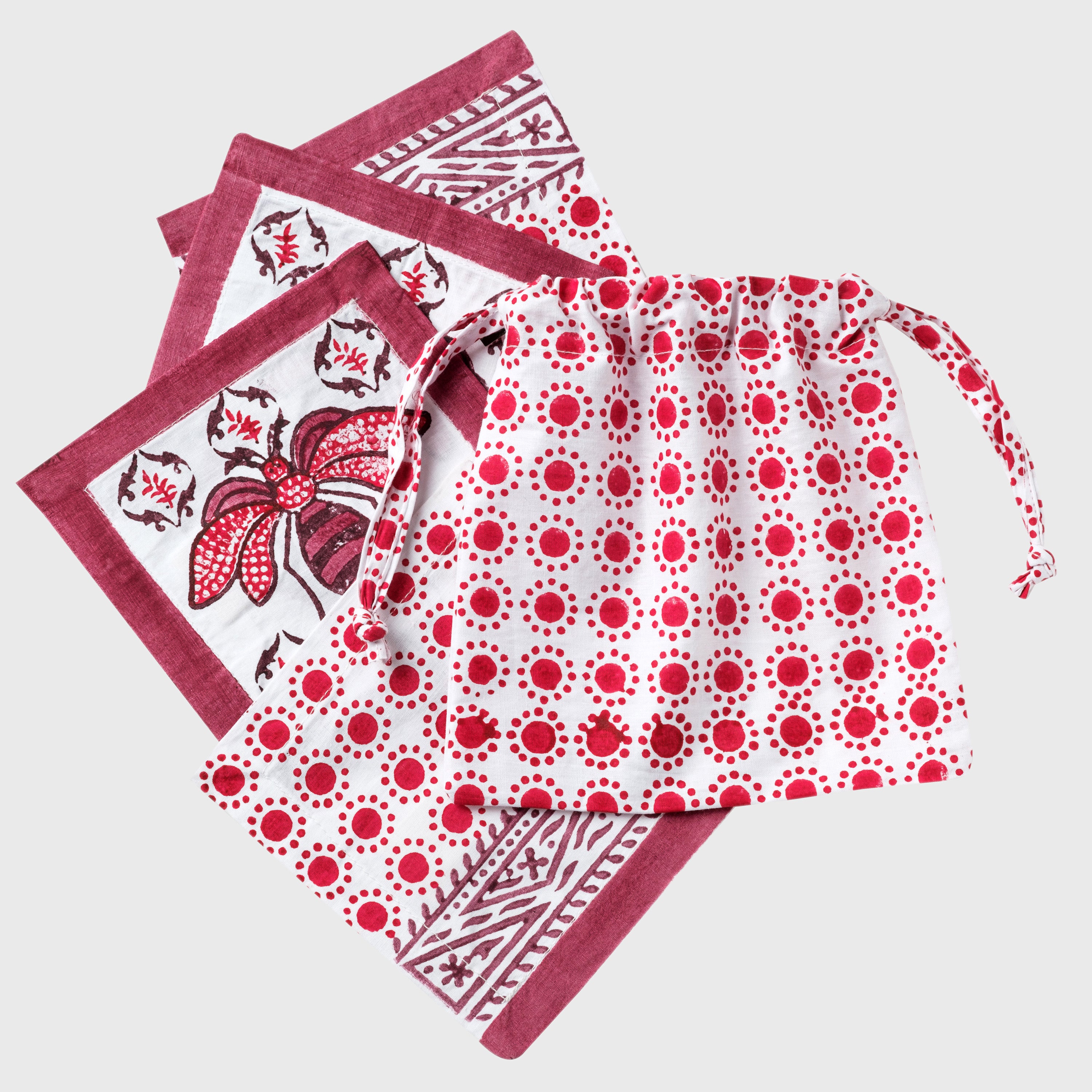 Bee block print cocktail napkins/ coasters, red