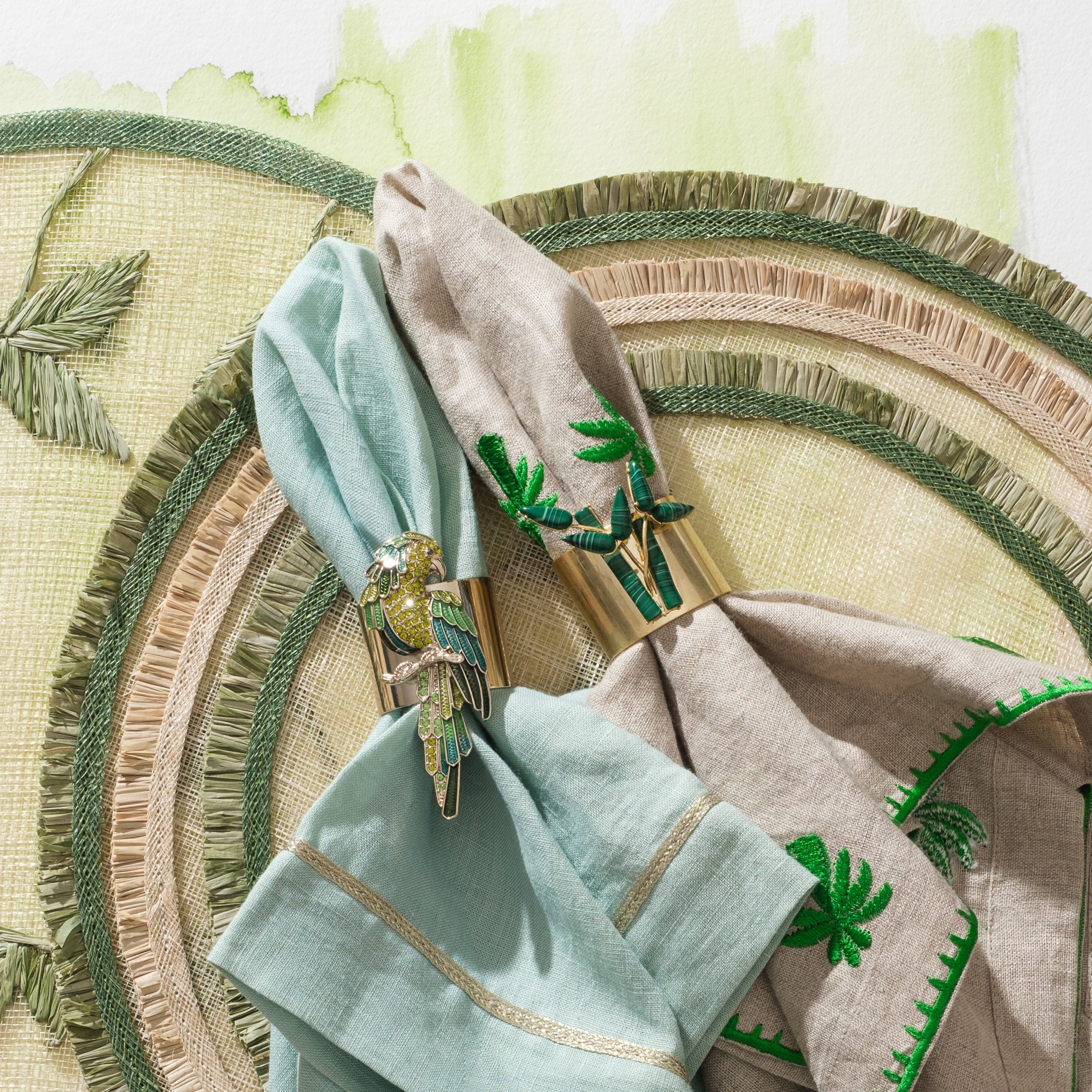 Palm tree embroidered dinner napkins, flax, set of two