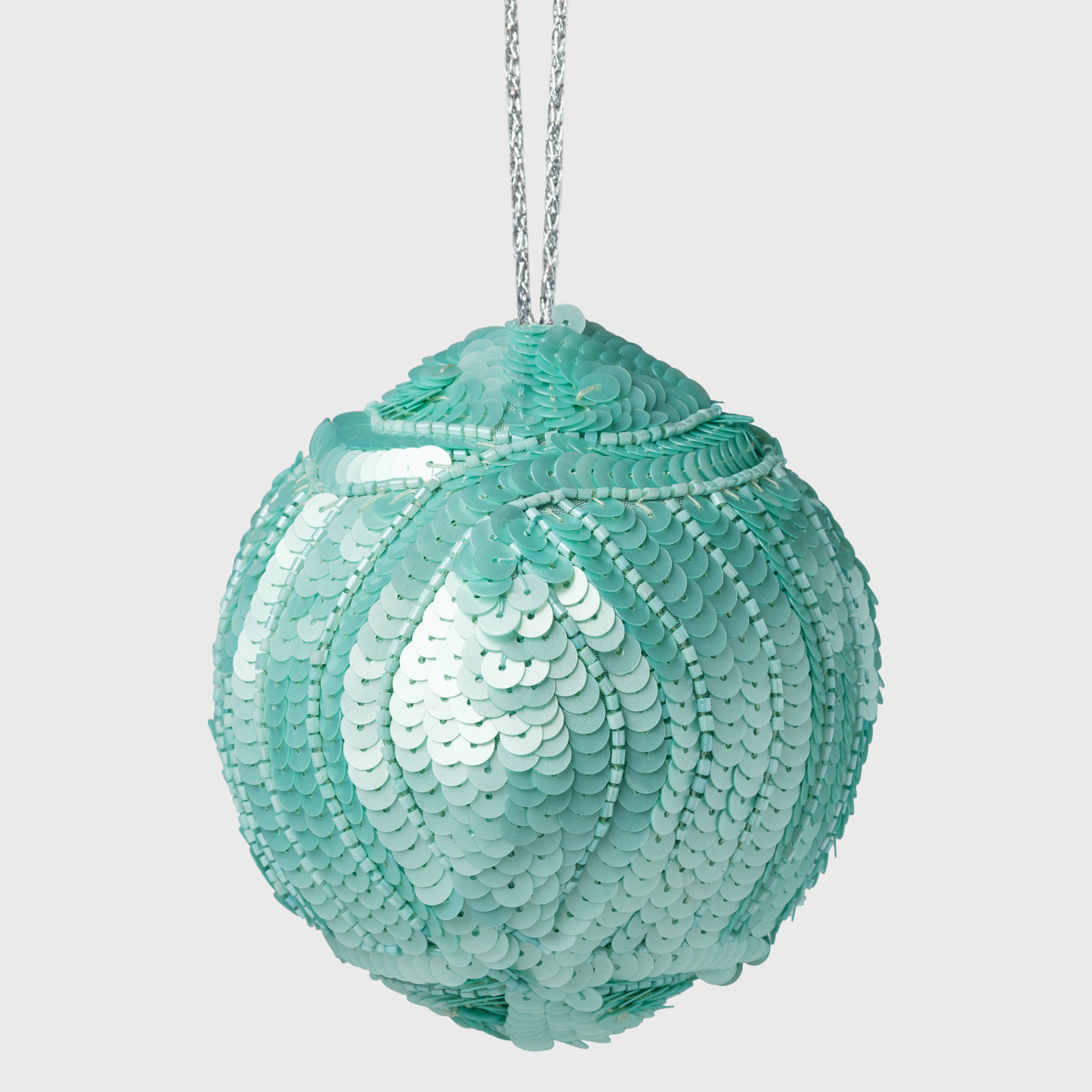 Cable sequin Christmas balls, seafoam, set of three