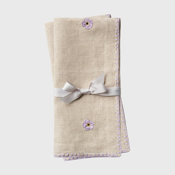 Violet embroidered dinner napkins, flax, set of two