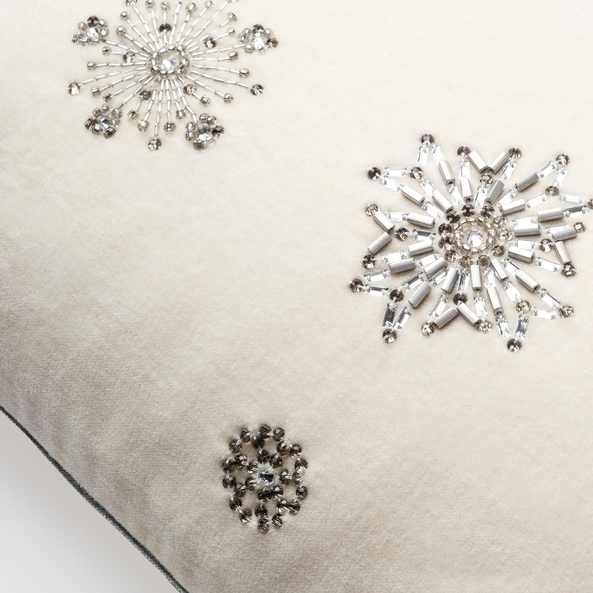 Embroidered snowflake pillow,  cream cotton velvet