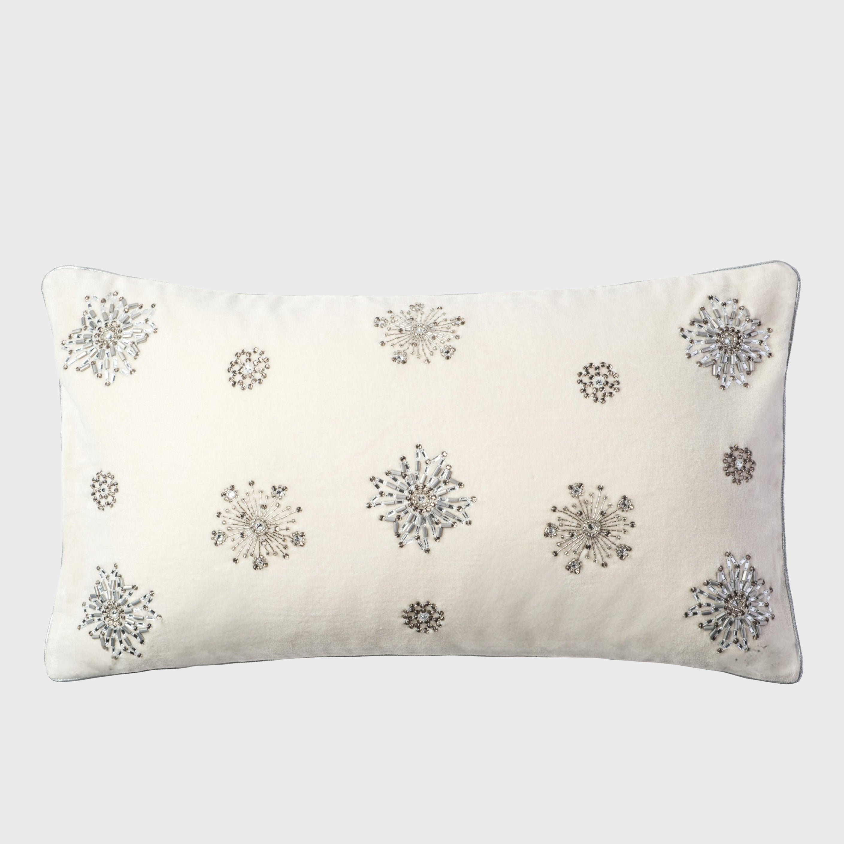 Embroidered snowflake pillow,  cream cotton velvet