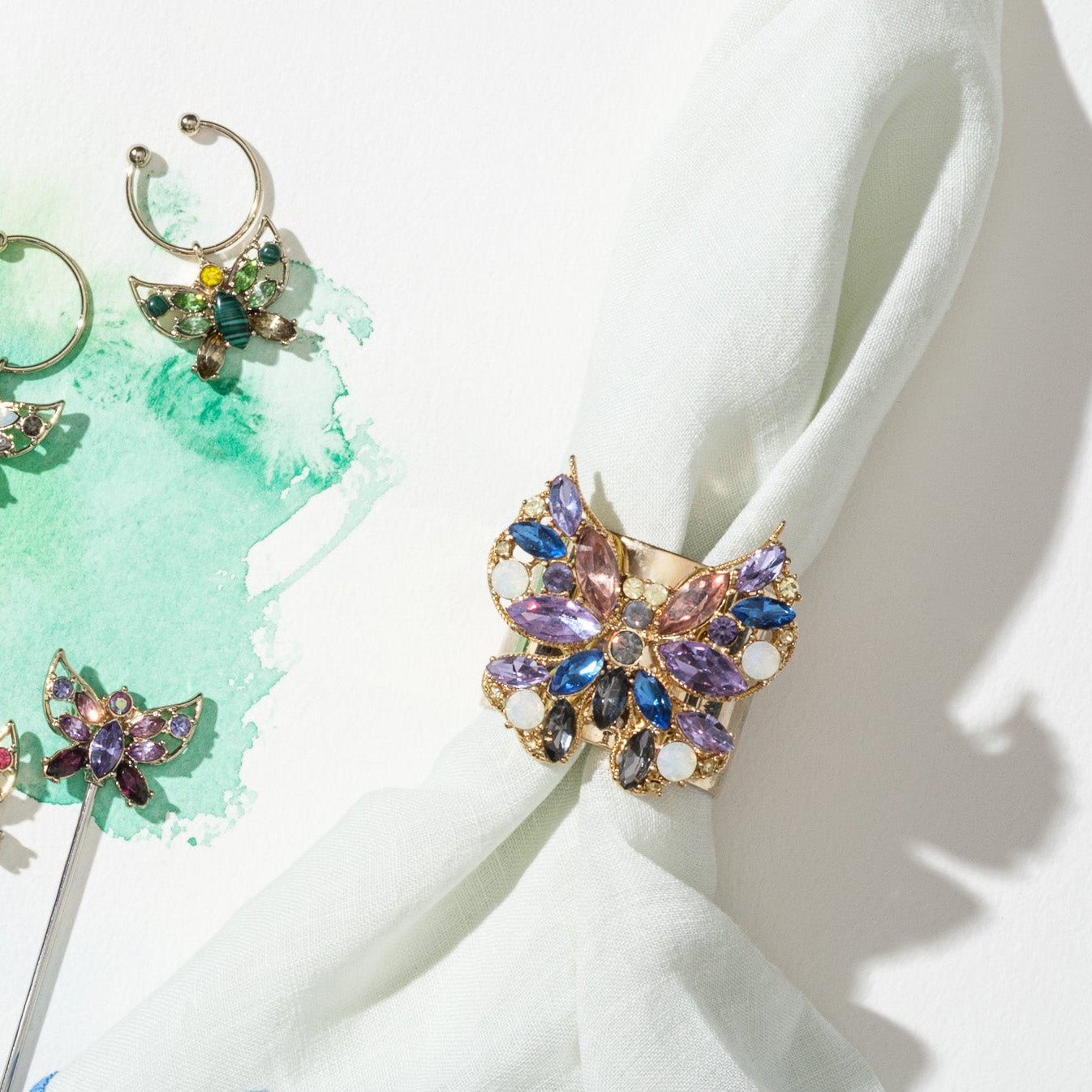 Jeweled butterfly napkin rings, blue, set of two