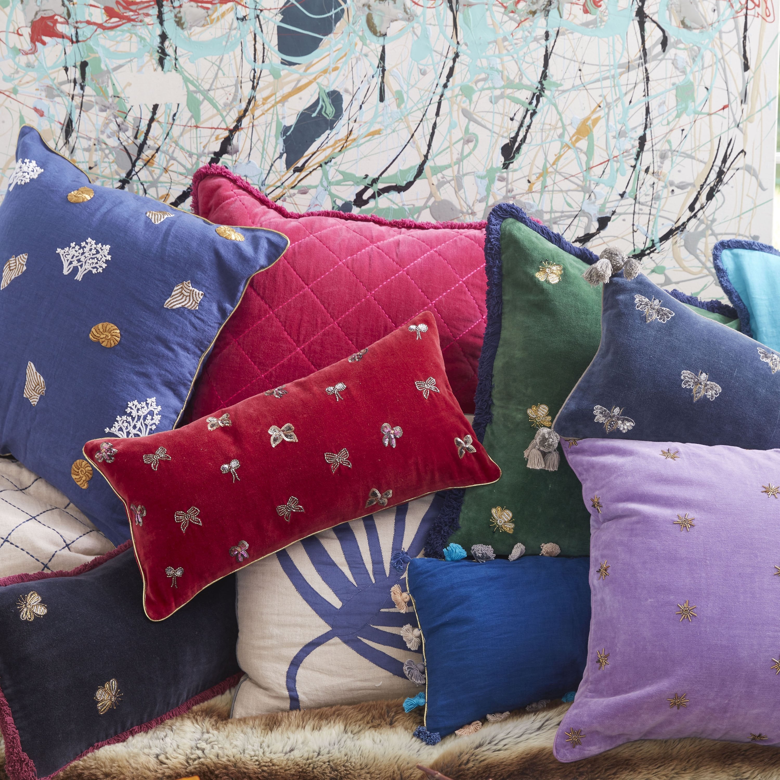 Embroidered bee fringe pillow, hunter green cotton velvet