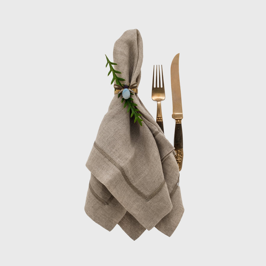 Pewter trim linen dinner napkins, flax, set of two