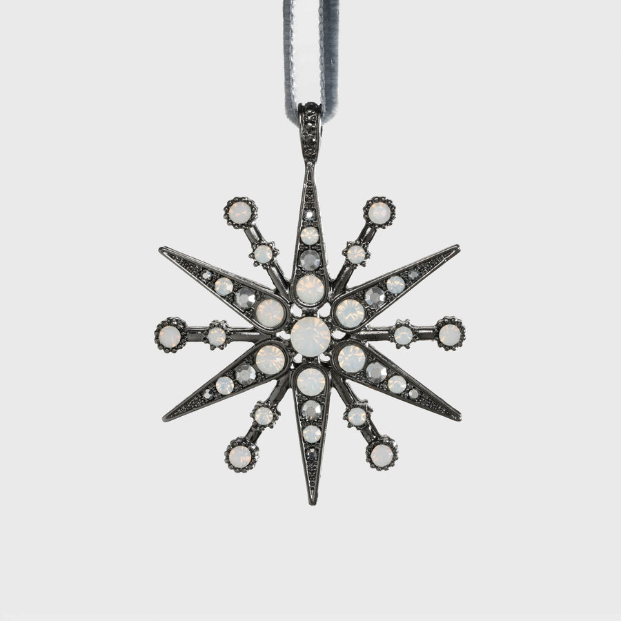 Deco snowflake hanging ornament, hematite and opal