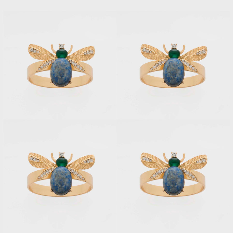 Etched wing bug skinny napkin rings, lapis lazuli, set of four