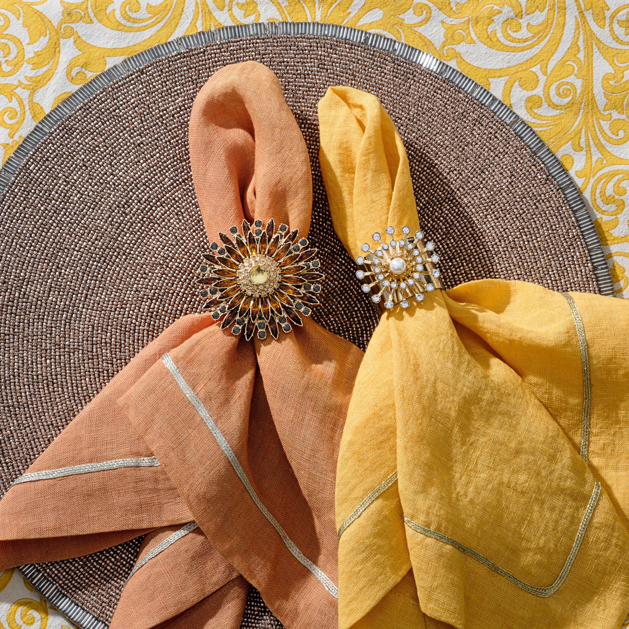 Jewel flower napkin rings, amber, set of four