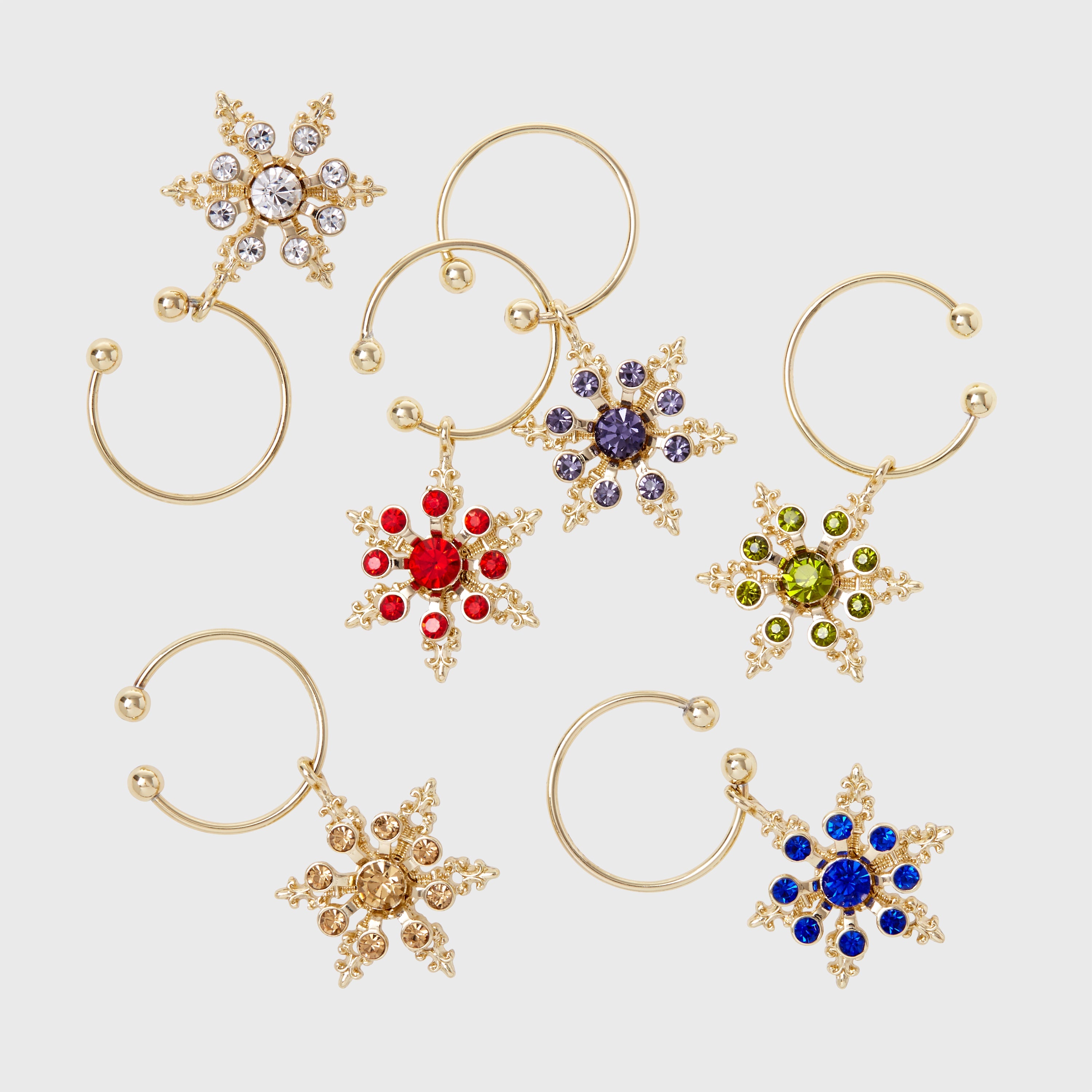 Snowflake wine charms, jewel tones