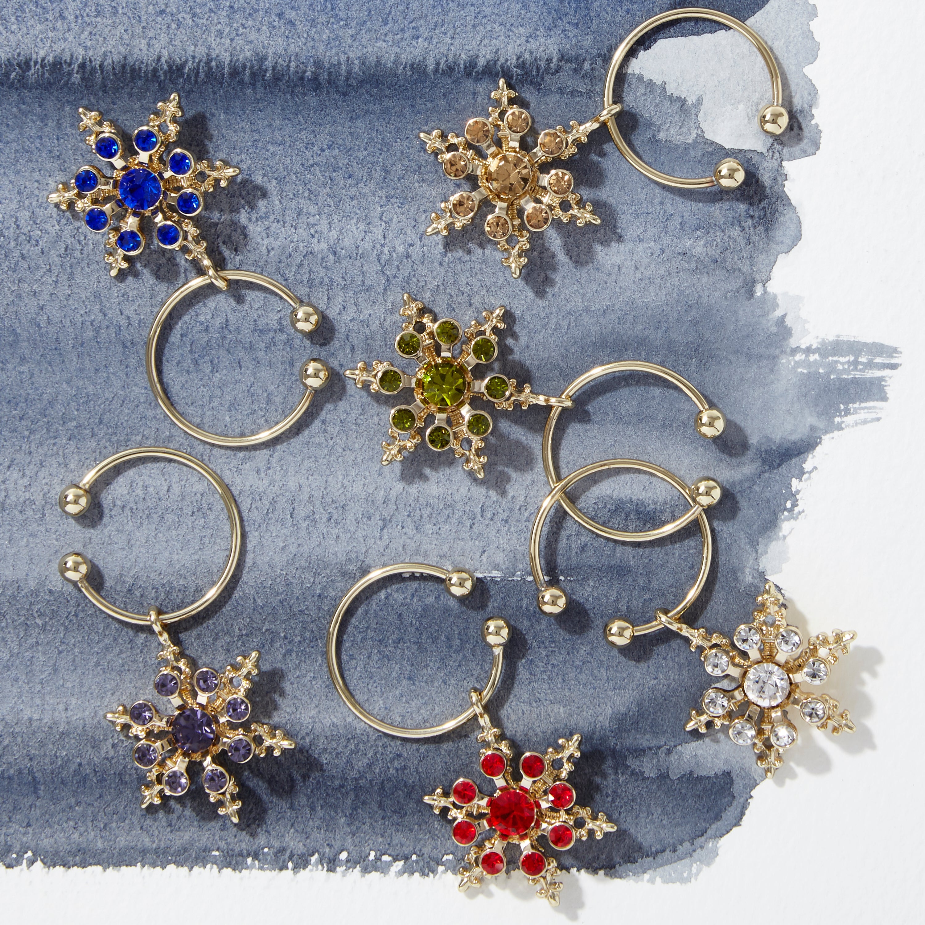 Snowflake wine charms, jewel tones