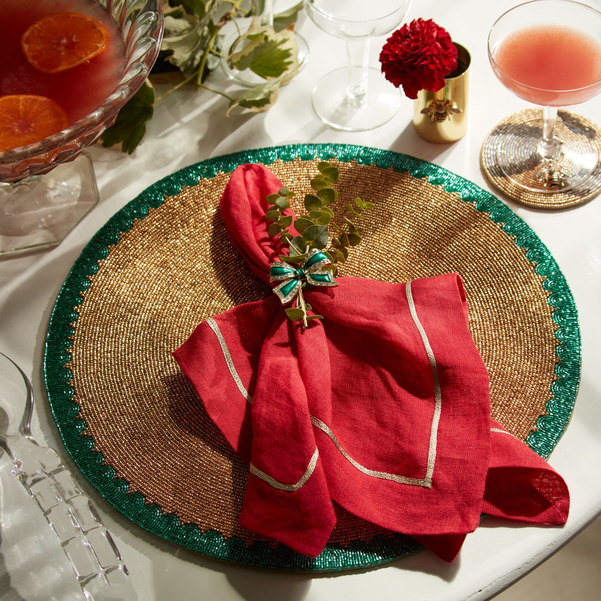 Enamel bow skinny napkin rings, green, set of four