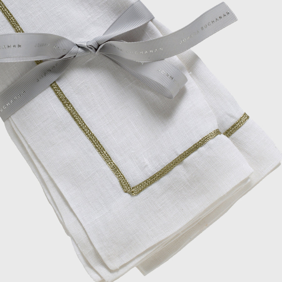 Gold trim linen dinner napkins, white, set of two